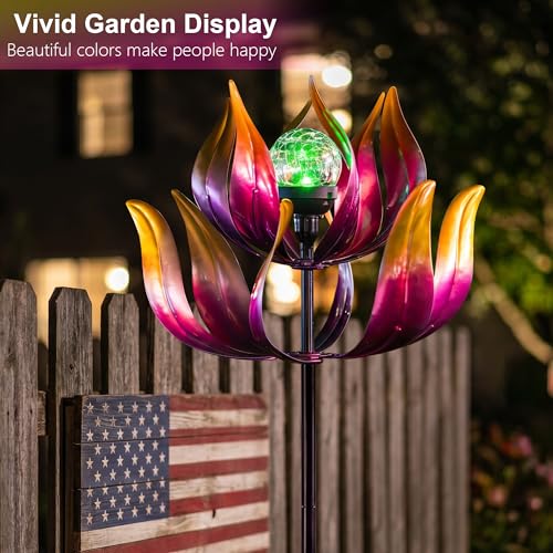 Image of Solar Wind Spinners Outdoor for Yard and Garden, 61'' Lotus Kinetic Wind Sculptures with Color Changing LED Crackle Glass Globe, Metal Yard Art Decor for Patio Lawn, Garden Gifts for Women /Mother