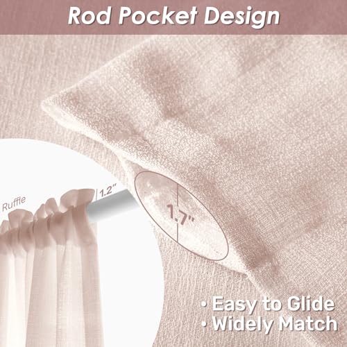 Image of Melodieux Pink Sheer Curtains with Tiebacks - 84 Inches Long for Living Room, Rod Pocket, Linen Look Shiny Texture, Semi Sheer Light Filtering Curtain Drapes for Bedroom, 52 inch W x 84 inch L, 2 Panels