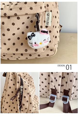 Cute Polka Dot Pattern Corduroy Backpack Preppy Style Casual Travel Bag with Pendant Student Backpack (Gray)3