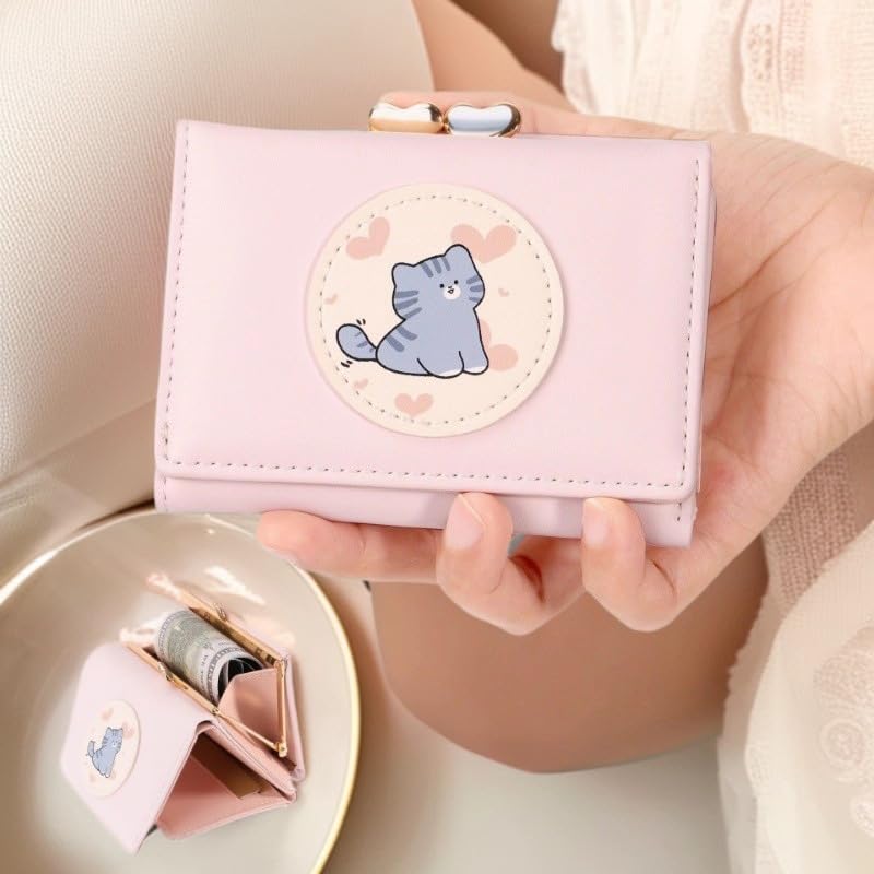 Image of Valerie Cute Small Wallets Clutch for Teen Girl Women PU Leather Trifold Small Wallet Cash Pocket 3D Buckle Card Holder Coin Purse with ID Window for Girls Women (Pink Cat)