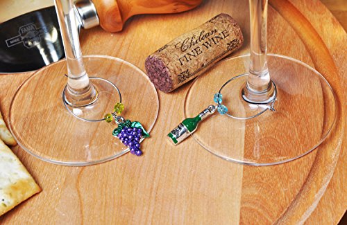 Wine And Grapes Wine Glass Charms, Drink Markers-Charms For Wine Glasses-Set Of 6 With Sateen Storage Bag By Cork & Leaf #TOP3