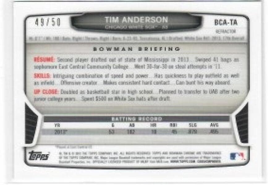 2013 Bowman Draft Chrome Draft Pick Autographs Refractors Blue Wave #TA Tim Anderson MLB Baseball Card (Autographed) /50 NM-MT