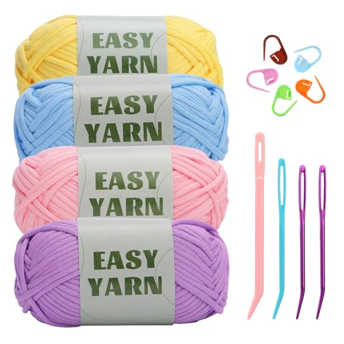 4x50g Crochet Yarn Chunky Yarn for Crochet Easy Cotton Yarn for Crochets with Easy-to-See Stitches, Stitch Markers