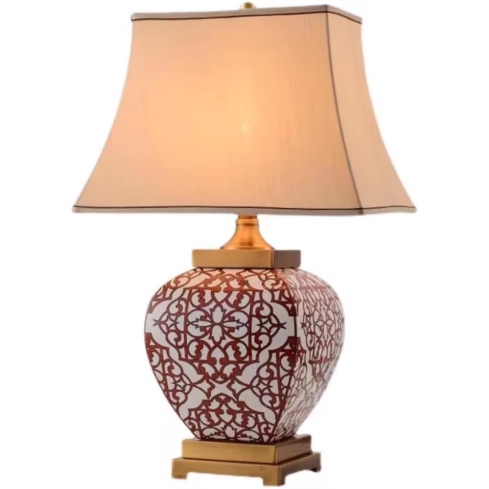 SANBDDLYY Hand-Painted Red Ceramic Table Lamp - Antique Chinese Design Desk for Bedroom, Living Room, and Nightstand