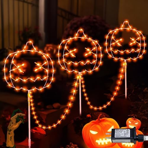 Woohaha Plug in Halloween Pumpkin Pathway Lights,163 LED Garden Outdoor Decorations,Waterproof String Lights with 3 Pumpkin Stakes Light for Garden Walkway Yard Driveway Lawn Party Decor(Orange)