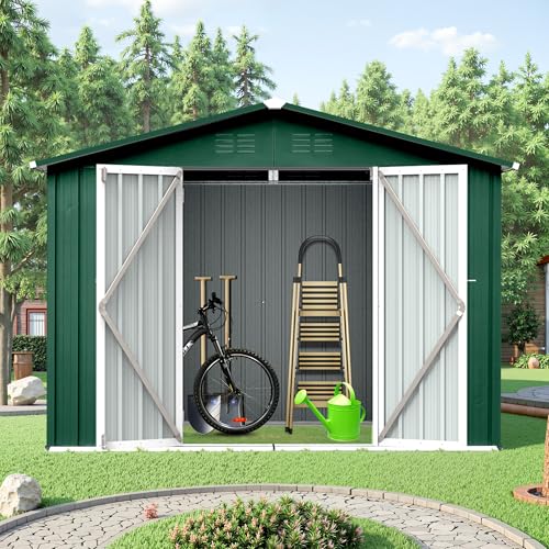 Lyngins Cobertizo de Almacenamiento para Exteriores de 8 x 6 pies, cobertizo de Metal para Herramientas con Puertas con Cerradura y Techo con Pico, cobertizo de jardín con diseño ventilado para Patio
