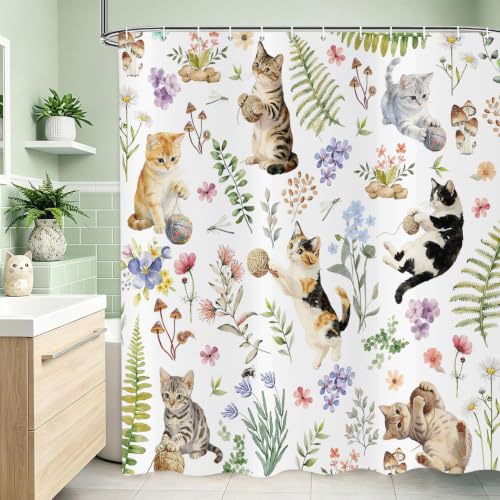 Rideau de douche chat imperméable 240x180 cm en textile polyester lavable avec crochets - 3