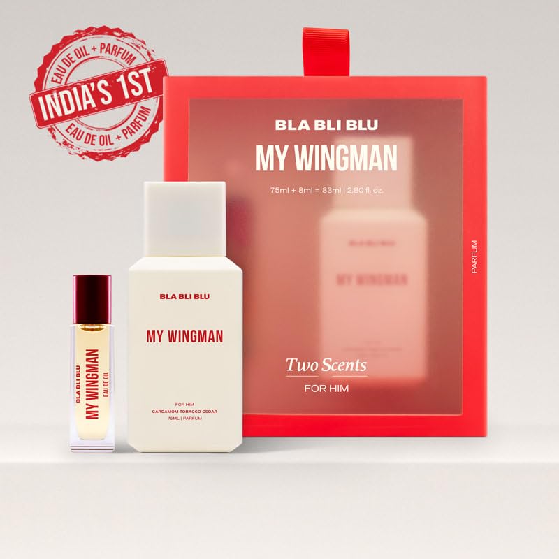 Image of BLABLIBLU My Wingman Two Scents Men Perfume Set (75ml + 8ml) | Perfume & Eau De Oil | Long Lasting Spicy, Woody & Aromatic Fragrance | with Cardamom, Tobacco & Cedar