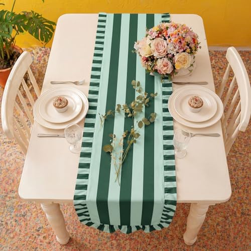 HunnmingRe Ruffle Edge Striped Table Runner, 118x15.7 Inch, Green by HunnmingRe - Used condition - Image 3