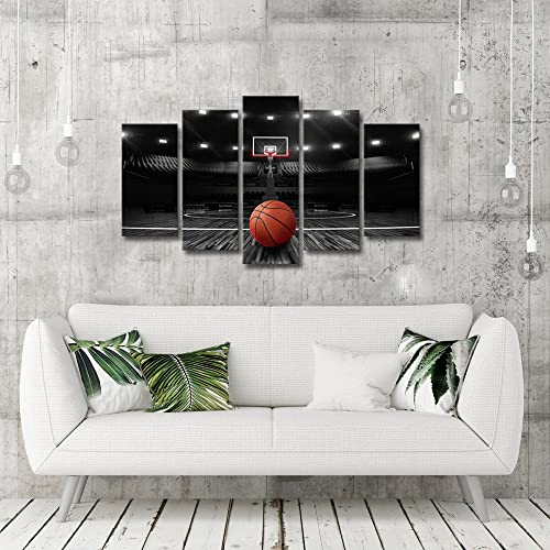 Derkymo 5 Pieces Basketball Court Pictures For Bedroom Black And White Canvas Wall Art Sports Painting Prints Artwork For Living Room Boys Room Stretched And Framed Ready To Hang 24"X40"(5 Pieces) #TOP2