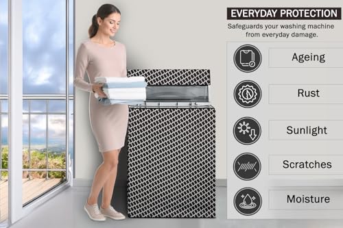 Image of Stylista Waterproof and Dustproof Polyester Washing Machine Cover Compatible for Godrej 7 Kg Fully-Automatic Top Loading WTEON ALP 70 5.0, Check Grey