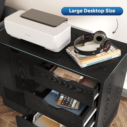 Image of 5-Drawer Wood Drawer Cabinet, Office Storage Cabinet with Adjustable Shelf & Wheels, Printer Stand for Home Office, Black, 15.7 inch D x 30.7 inch W x 25.4 inch H