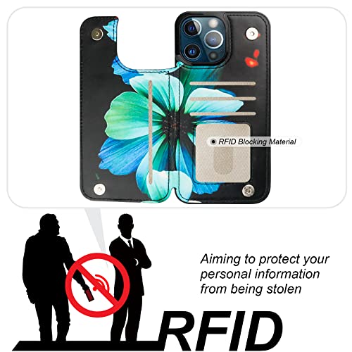 Image of HAOPINSH for iPhone 13 Pro Max Wallet Case with Card Holder, Blue Floral Flower Pattern Back Flip PU Leather Kickstand Card Slots Case for Girls Women, Double Magnetic Clasp Shockproof Cover 6.7 inch