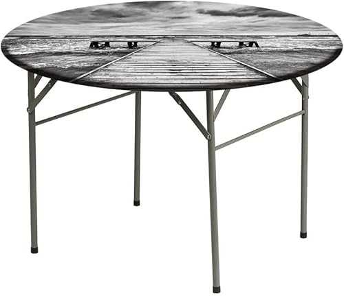 Miniatura 3 de Mantel de cierre de borde redondo, mantel de borde elástico, cubierta de madera antigua en tormenta con olas en el mar, se ajusta a mesas redondas