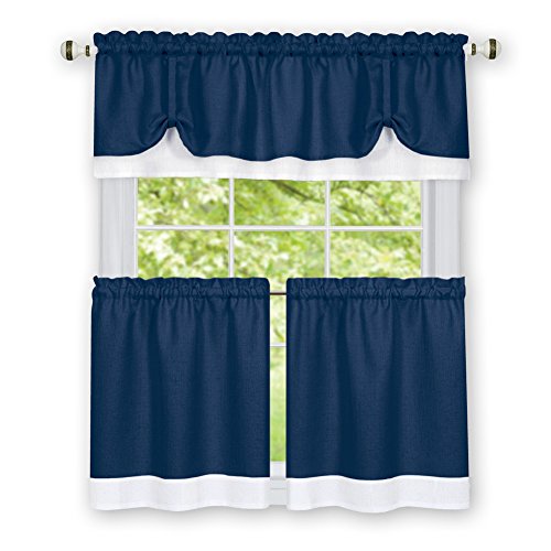 Collections Etc Darcy Two-Tone Rod Pocket Café Curtain Tiers - 2 Piece Set, Navy, 58