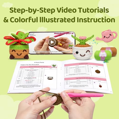 Image of Mewaii Crochet Kit for Beginners,9PCS Crocheting Plant Kit with Step-by-Step Video Tutorial,DIY Easy Knitting Kit with 40% Extra Peasy Yarn for Adults & Kids