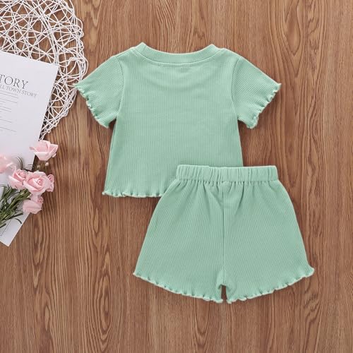 Image of Toddler Girl Clothes Summer Outfit Short Sleeve Shorts Set 12M-5T | Soft ribbed knit toddler girl outfit with breathable fabric, ruffle top, comfy shorts and stretchy fit for summer daily wear.