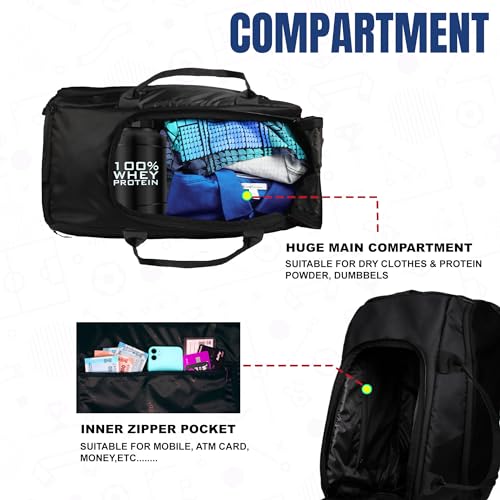 Image of Whackk Arnold 40L Gym & Sports Duffle Bag | Workout, Training & Travel Kitbag with Separate Shoe & Wet-Dry Pocket | Unisex | Lightweight | Made in India (Blue Black)