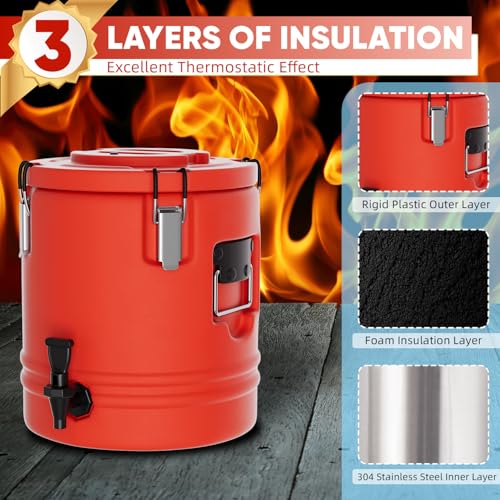Image of Insulated Beverage Dispenser - 5.3 Gallons, 304 Stainless Steel Insulated Soup Carrier Hot and Cold Insulated Bucket with Faucet Portable for Kitchen Restaurants Parties - Red Insulated Bucket