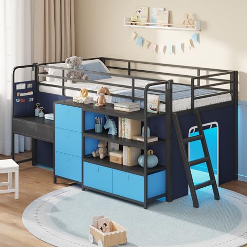 DICTAC Low Loft Bed with Desk and 6 Storage Drawers Twin Loft Bed with Bookshelf,LED Lights & Under-Bed Play Space,Kids Twin Beds with 13.8''H Safety Guardrail,Inclined Ladder&Play Curtain,Blue+Black
