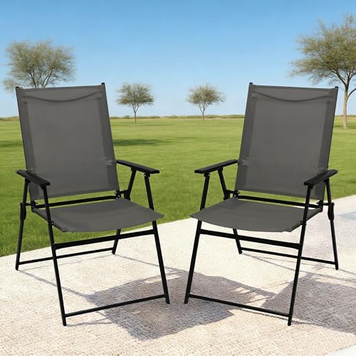 JMGJOY Lot de 2 Chaise de Jardin Extérieur Chaise Pliante Aluminio Camping Max 158KG PortableTissu en Polyester Respirant et Robuste avec Accoudoirs et Dossier Inclinable Balcon, Gris