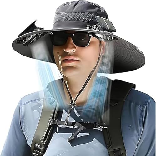 Solar Fan Hat, Wide Brim Solar Fan Hat, Outdoor Wide Brim Sun with 2 Solar Fishing Hat - Removable & USB Charging Fan,3 Speed Adjustable Fans Hats Dark Gray