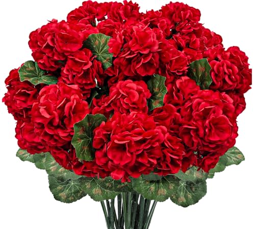 YILIUFA 6 Bundles Artificial Geranium Flowers for Outdoors Realistic Silk Geraniums Fake Flowers UV Resistant Faux Plants for Porch Front Door Planter Patio Balcony Outside Decor (Red)