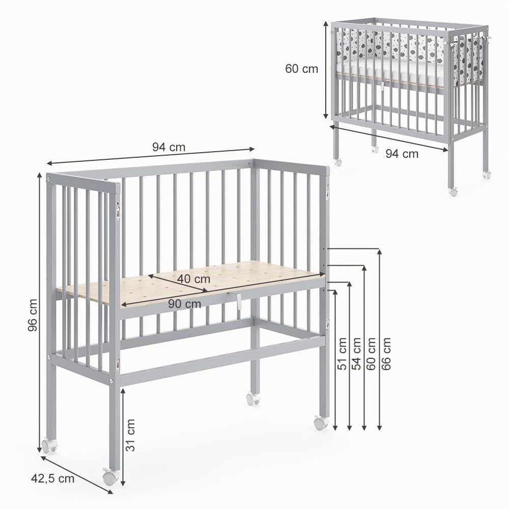 VitaliSpa Cuna Adicional Sophie, Gris, 94 x 42.5 cm | 2 barandillas laterales, ajustable en altura con ruedas y sistema de fijación a la cama de los padres