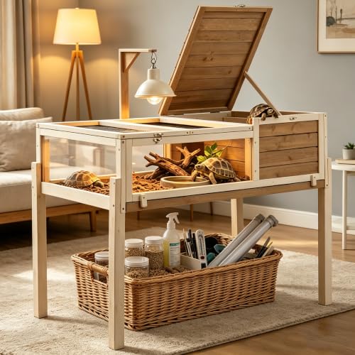 Furniture Style Tortoise Enclosure with Stand Dual-Zone Tortoise Habitat with Hide Area Built-in Lamp Holder Large Acrylic Viewing Window Easy Assembly Indoor Reptile Habitat