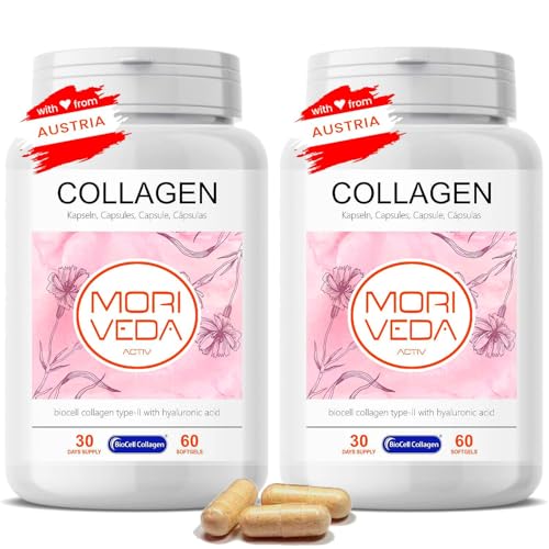 MoriVeda Capsule di collagene BioCell, collagene di tipo 2 con acido ialuronico e condroitina, per pelle, articolazioni e tessuto connettivo, certificato ISO, 2 x 60 pezzi