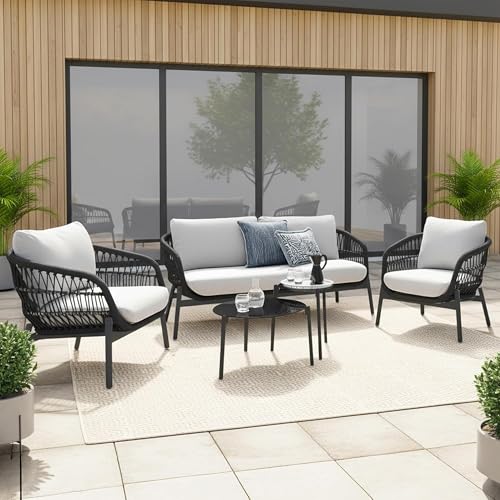 Image of BRISHI Outdoor 4 Seater Sofa Set | Balcony Sofa | Patio Furniture Sets | Conversation Sets | Braid & Rope Garden Sofa Set (Black- White)
