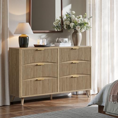 Image of Evermagin 54 inch Wide Fluted 6 Drawer Dresser, Mid Century Modern Curved Dresser, Light Wood Chest of Drawers for Bedroom, Living Room and Entryway, Natural Oak