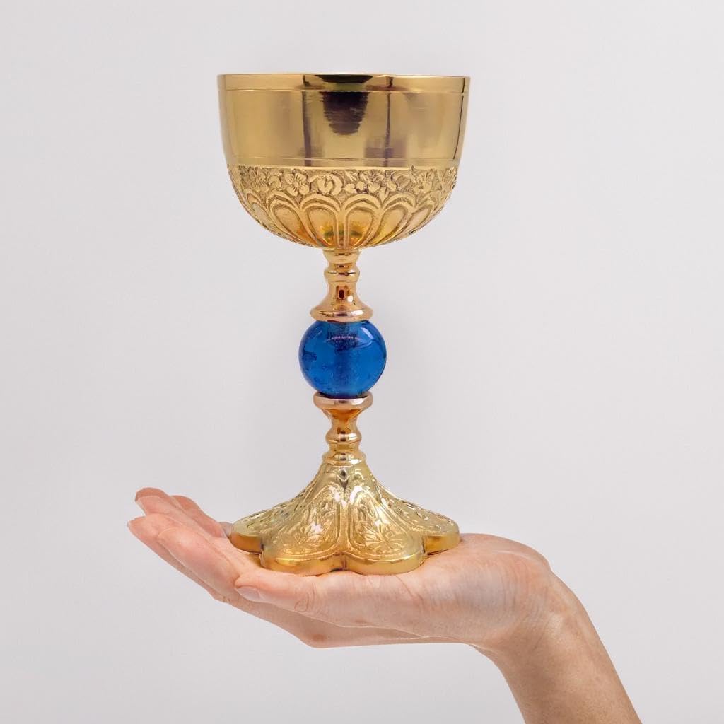 REPLICARTZ Brass Gold-Plated Chalice Goblet with Blue Orb – 6.5" Handmade Communion Cup for Mass, Holy Grail Theme, Medieval Religious Wine Goblet, 210 ml With Velvet Box