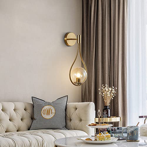 Image of KCO Lighting Glass Globe Wall Mounted Sconce Gold Teardrop Wall Sconce Vintage Cordless Sconces Wall Lighting for Stairwell Bathroom Bedroom (Gold + Amber)