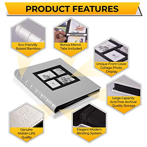 Parah Life Premium 500 Photo Family Wedding Anniversary Baby Vacation Album Sewn Bonded Leather Book Bound Multi Directional 500 4x6 Photos 5 Per Page Large Capacity Deluxe Customizable (Silver) - Thumbnail 6