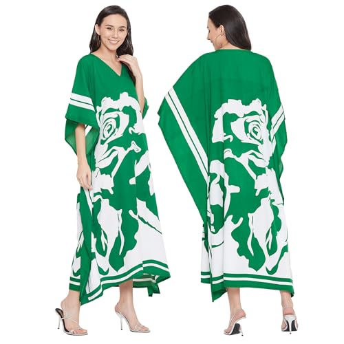 Image of Oussum Women Plus Size Dresses Kimono Caftan Maxi Dress Floral Polyester Long Mumu House Beach Cover Up 1X-3X Summer Wear