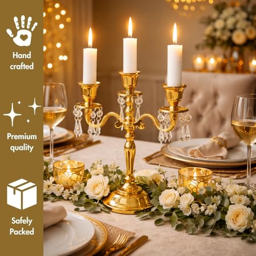 Image of Aluminum 3-Arm 8inch Gold Crystal Hanging Candelabra for Dining Table | Vintage Candle Stand for Romantic Dinner, Home & Wedding Decor