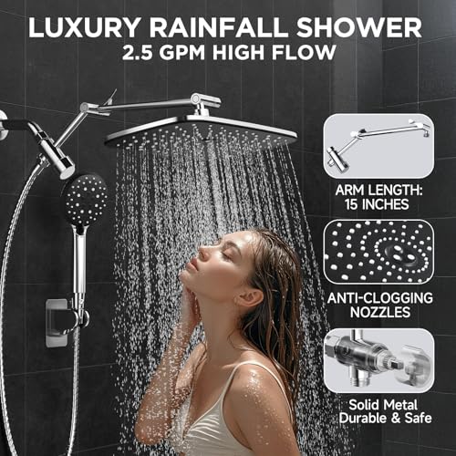 Veken High Pressure Rain Shower Head Combo with Extension Arm- Wide Showerhead with 6 Handheld Water Spray - Adjustable Dual Shower with Anti-Clog Nozzles - Silver Chrome - Image 7