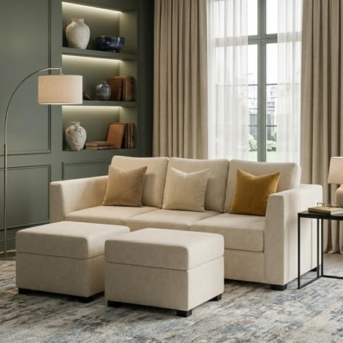 Image of FURNY Revona 5 Seater L Shape Sofa Set with 2 Movable Ottoman | Flexible Left or Right Layout | Plush Velvet Fabric (Cream) | Perfect for Living Room, Guest Room & Office