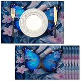 Manteles Individuales para Mesa De Comedor Manteles Individuales con Estampado Morfo Azul Manteles Individuales De Algodón Manteles Individuales Antideslizantes Resistentes Al Calor (Flores 4 Piezas)
