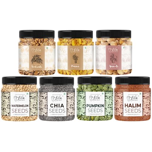 Image of LILA DRY FRUITS Dry Fruits & Seeds Combo - Walnut, Apricot, Raisins with Chia, Pumpkin, Watermelon & Halim Seeds 100 Gms x 7 | Healthy Mix for Daily Nutrition & Snacking Perfect for Gifting
