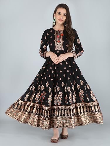 Image of Aj Art Anarkali Kurti for Women and Girls Floral Golden Print Regular Slim Fit Rayon Blue (Set of 1)