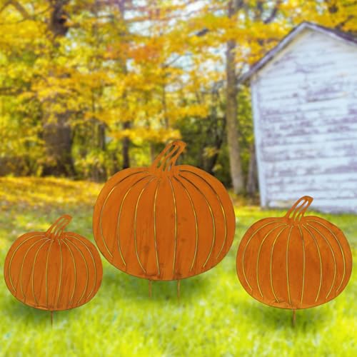 GlikCeil 3 Pcs Rustic Pumpkin Garden Stakes for Outdoor Fall Decorations Decorative Metal Pumpkin Yard Stake Fall Outdoor Decor for Lawn Porch Farmhouse Thanksgiving Autumn, 23.6 In, 19.6 In, 15.7 in