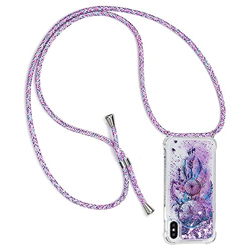 Collier pour iPhone X/iPhone XS Silicone Coque, Glitter Liquide Filles Femmes Étui Housse, Étincelle À Bandoulière Et Cordon Collier avec Réglable Cordon Lanière Pochette pour Telephone Portable Cover