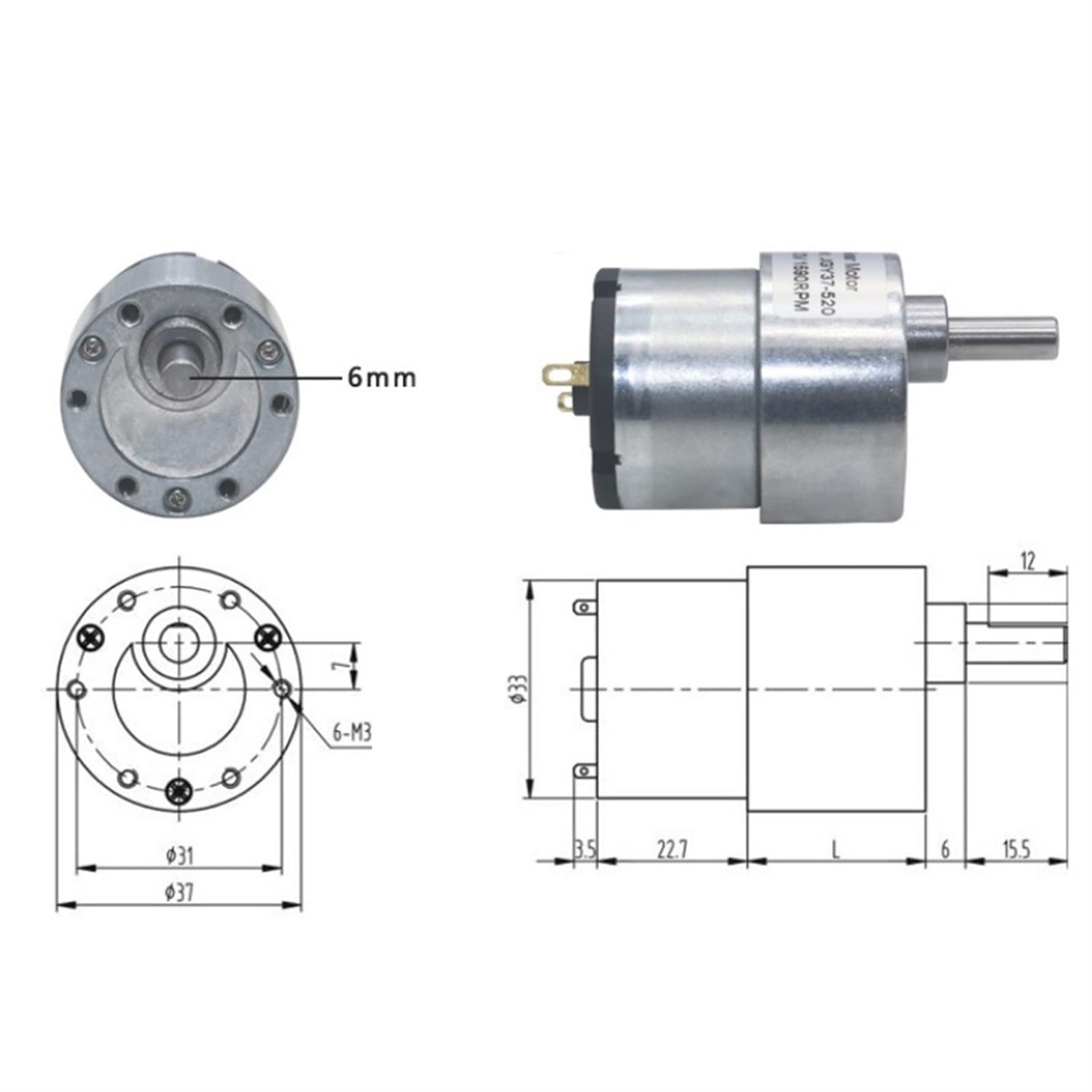 DC-Motor DC 6V/12V/24V JGB37-520 Transmissiemotor Volledig metalen Transmissie met Hoog Koppel Elektromotor 7/12/22/35/45/66/107/200/320/600/960 U/min: 22 U/min, Voltage: 6 V) (Kleur: 24v, Maat