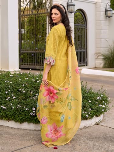 Image of INDO ERA Women's Anarkali Pure Cotton Floral Printed Embroidered Kurta & Pant with Dupatta Set (IEOUT10688)