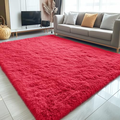 OLANLY 5x7 Machine Washable Large Area Rugs for Living Room, Bedroom, Soft Fluffy Shaggy Bedside Rug, Indoor Floor Carpet for Kids Girls and Boys, Dorms, Nursery, Home Decor Aesthetic, Red