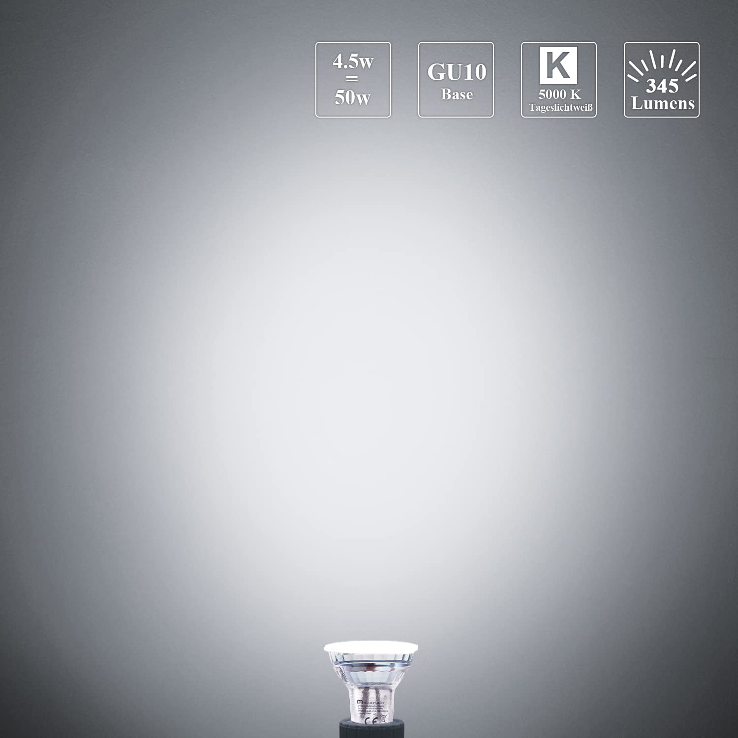 Mastery Mart GU10 Lámpara LED, ángulo de haz de 38 grados, 5000 K, luz blanca diurna, PAR16, 4,5 W, 345 lúmenes, ideal para iluminación de acento y ambiente, no regulable, juego de 10