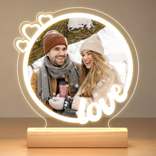 SNAPTRAP Personalized LED Acrylic Photo Lamp with Wooden Base | Customized Couple Photo Light Gift for Girlfriend Boyfriend Wife Husband Family | Romantic Heart Design Night Lamp Decor