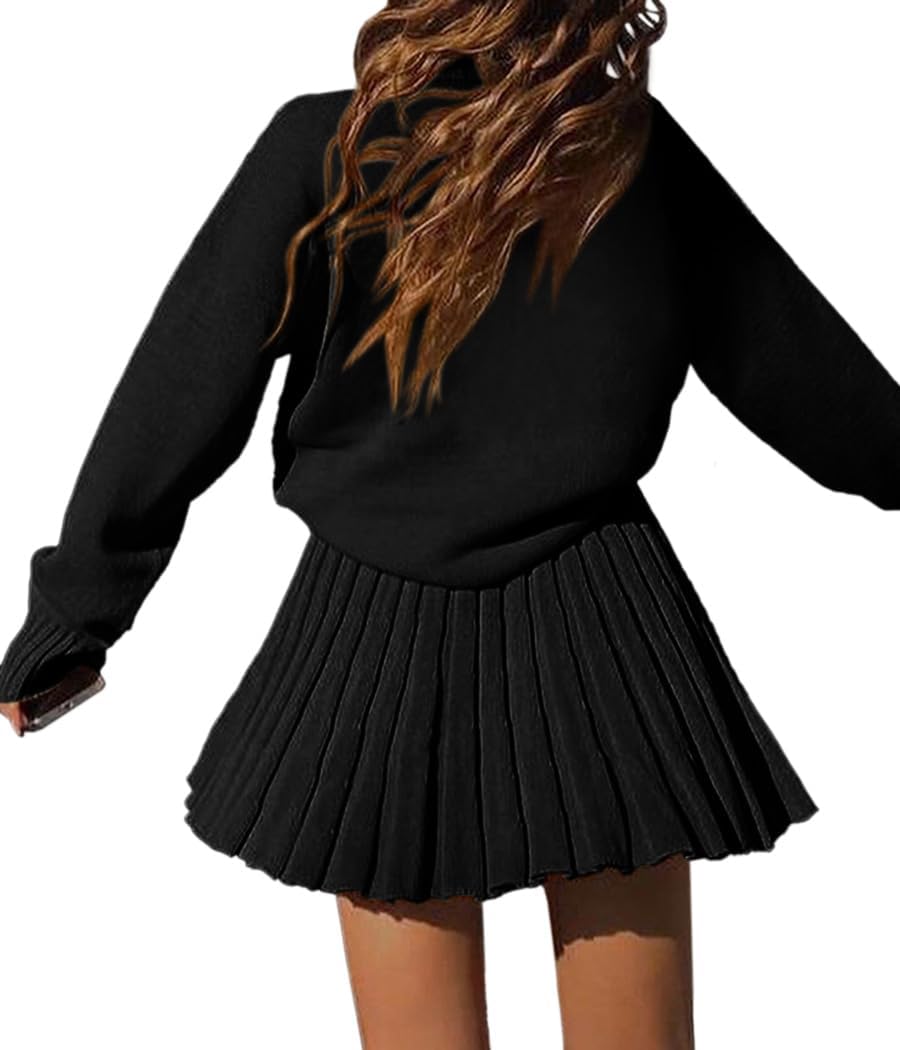 Women's 2 Piece Outfits Turtleneck Long Sleeve Oversized Pullover Sweaters and Pleated Mini Skirt Two Piece Sets - Image 4